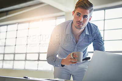 Buy stock photo Morning coffee, office laptop and business man think of sales plan, company administration or stats analysis. Tea drink, ecommerce and male businessman working on online research for agency review