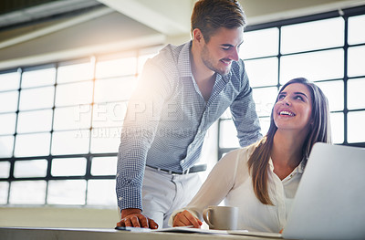 Buy stock photo Training, coaching and business people with laptop in office workplace. Planning, manager and man helping woman on computer with advertising project, sales proposal or marketing strategy in company.
