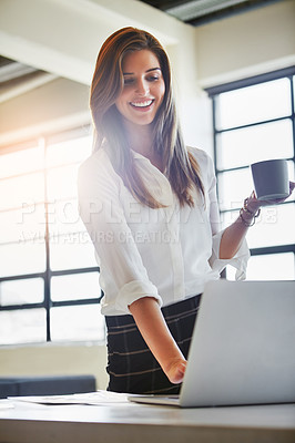 Buy stock photo Coffee, laptop and business woman in office writing email in workplace. Tea, computer and happy female employee holding espresso while typing, working on report or advertising proposal in company.