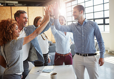 Buy stock photo High five, motivation and business people in a meeting with support, success or team building. Happy, mission and corporate employees in celebration of an achievement with a gesture in office