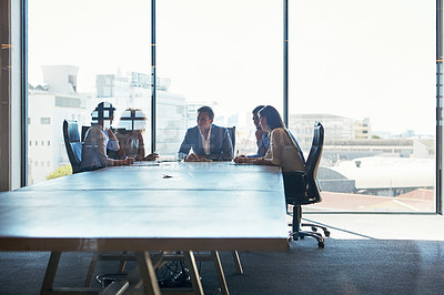 Buy stock photo Full length shot of a group of businesspeople meeting in the boardroom