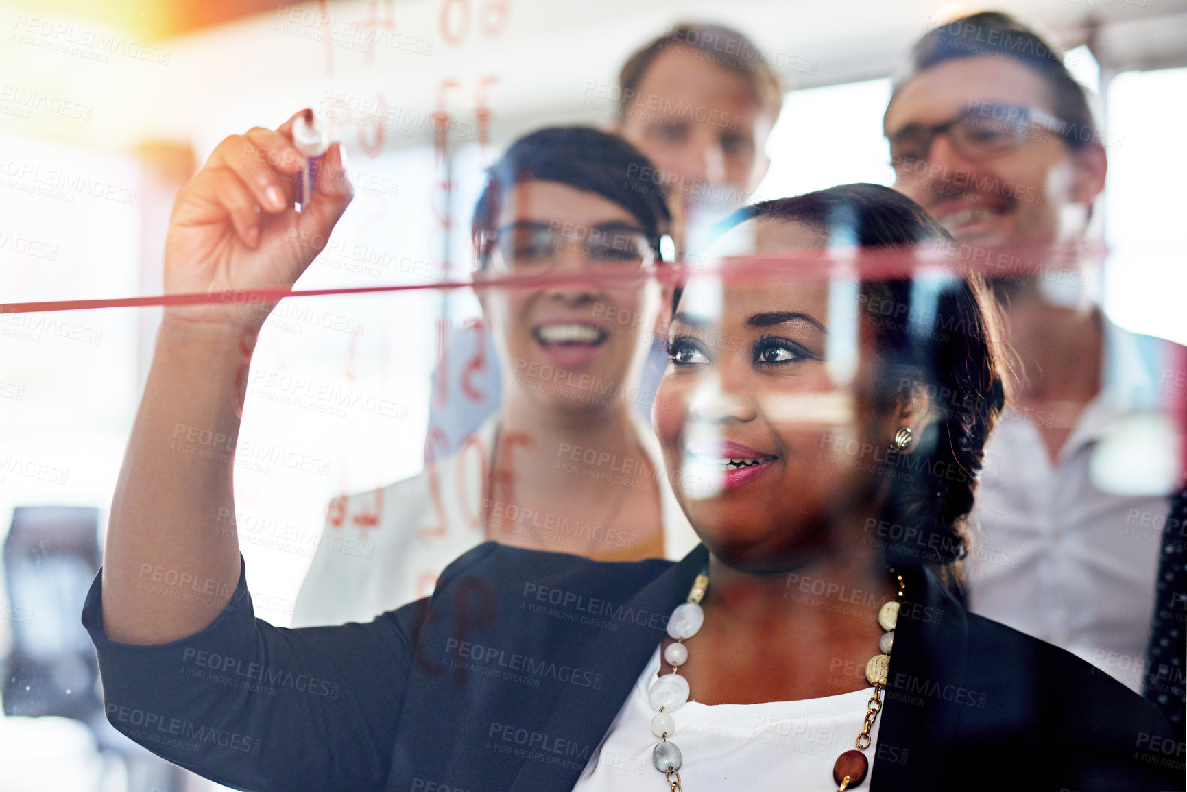 Buy stock photo People, presentation and writing on glass wall for collaboration, brainstorming and solidarity. Group, teamwork and happiness in business meeting, workshop and discussion as colleagues with diversity