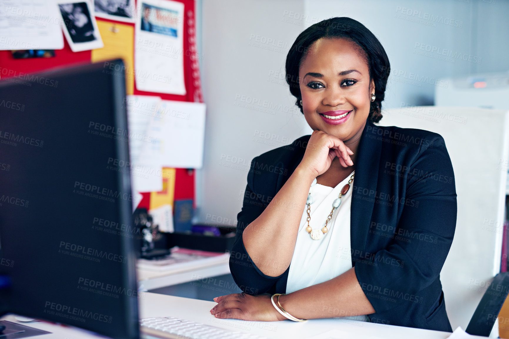 Buy stock photo Portrait, happy and black woman with computer in office as administrator, financial schedule and email feedback. Smile, female person and pc with policy development, agenda information and data entry