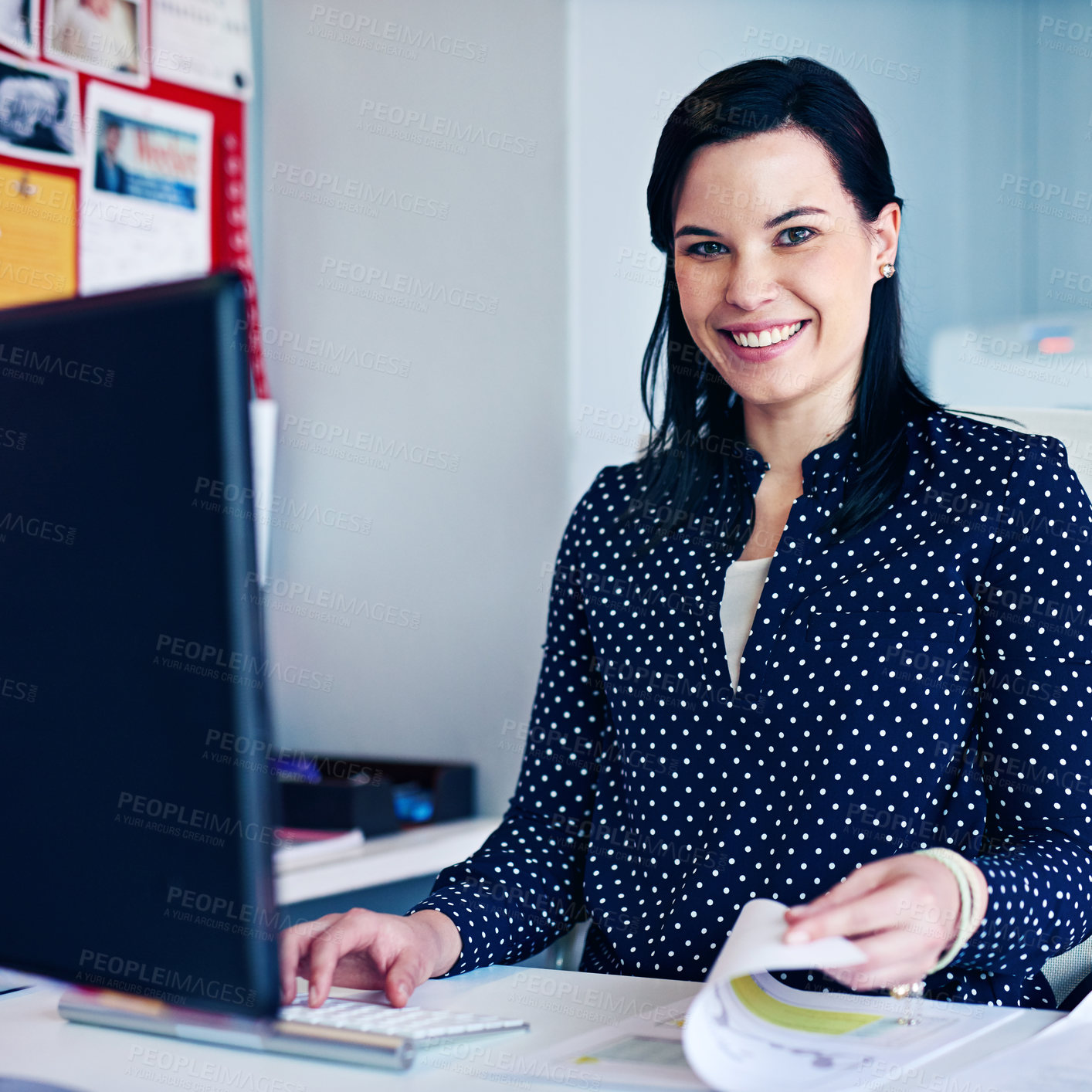 Buy stock photo Happy, woman and portrait with document in office as receptionist, financial schedule and email feedback. Administrator, computer and reading for project budget, policy information and data entry