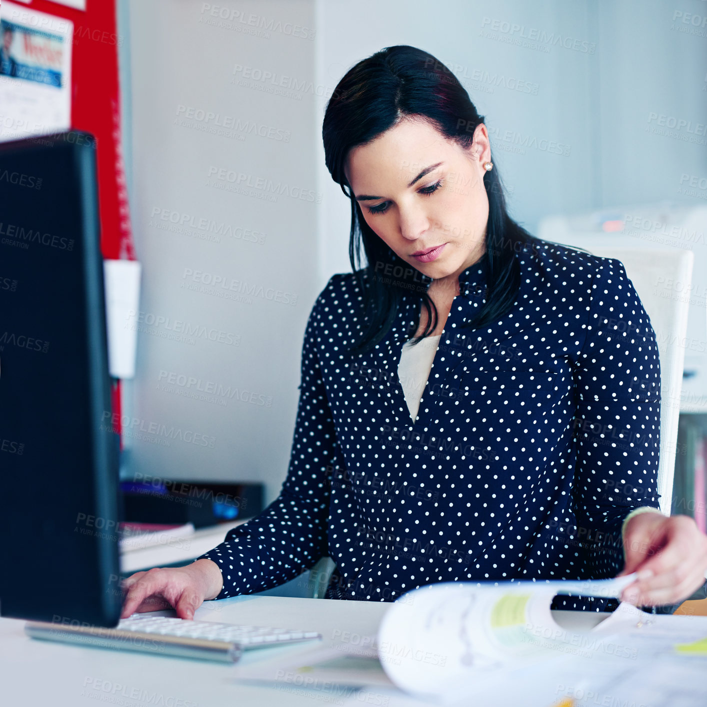 Buy stock photo Business, woman and computer with document in office as receptionist, financial schedule and email feedback. Female administrator, reading and pc for project budget, policy information and data entry