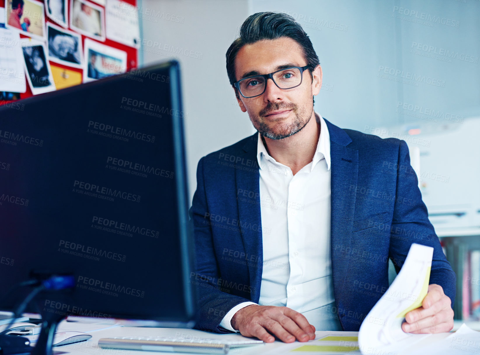 Buy stock photo Man, portrait and computer with document in office as receptionist, financial schedule and email feedback. Administrator, legal paperwork and reading for project report, budget and policy information