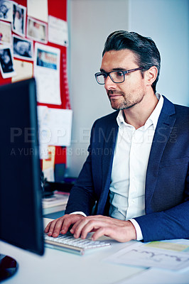 Buy stock photo CEO, business man and typing on computer for project review, creative feedback or reading email. Mature manager, desktop or director online for publication, proofreading or magazine editing in office