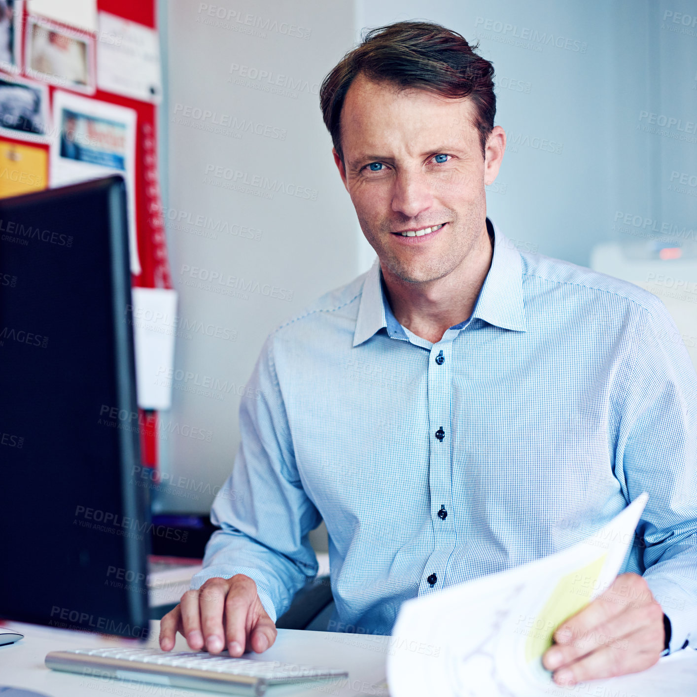 Buy stock photo Businessman, office and happy with computer or document for administration as construction manager. Male person, employee and smile or confident in portrait with paperwork for research proposal