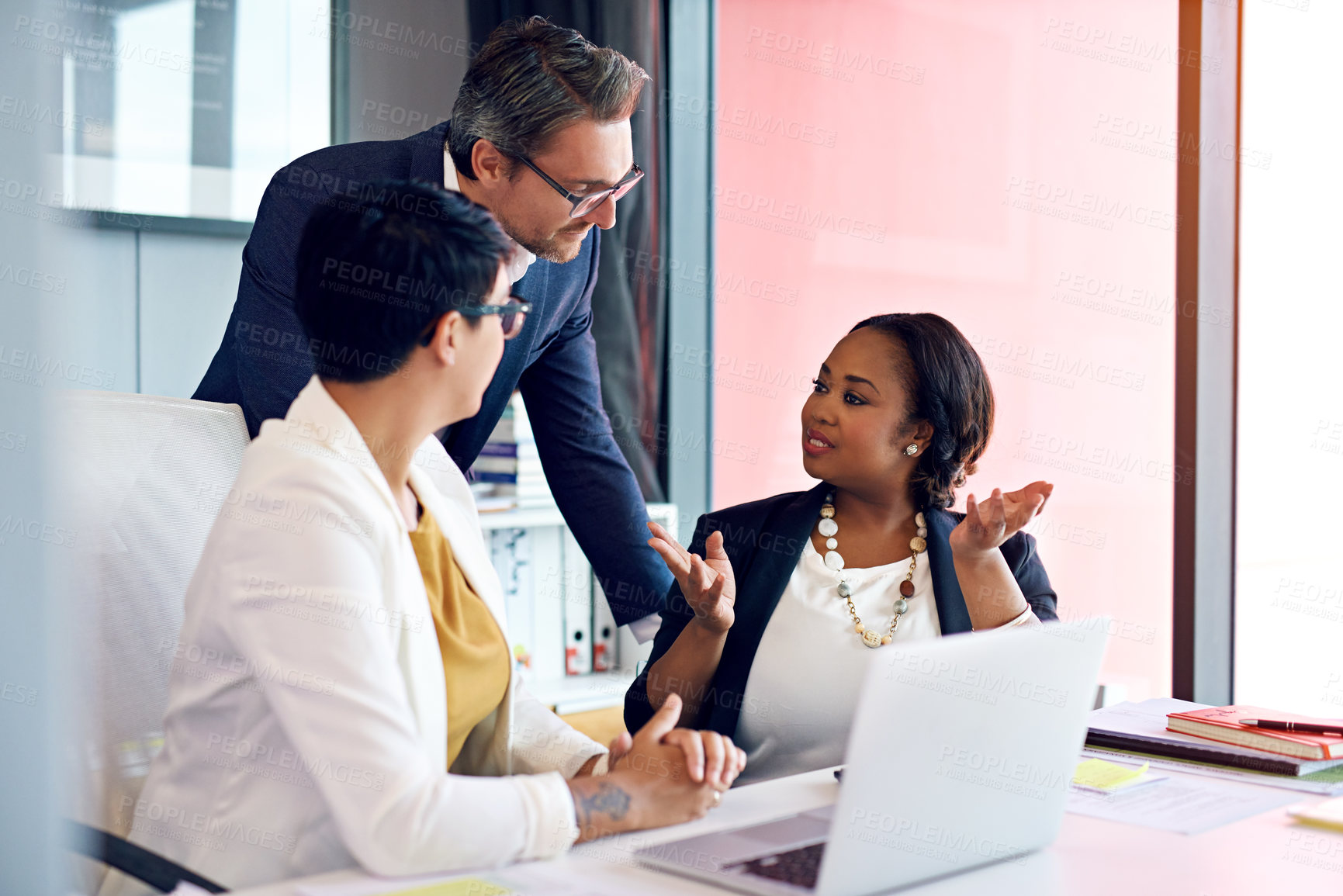 Buy stock photo Laptop, teamwork and coaching with business people in office for online solution, planning and brainstorming. Startup project, collaboration and digital campaign specialist with employee in agency