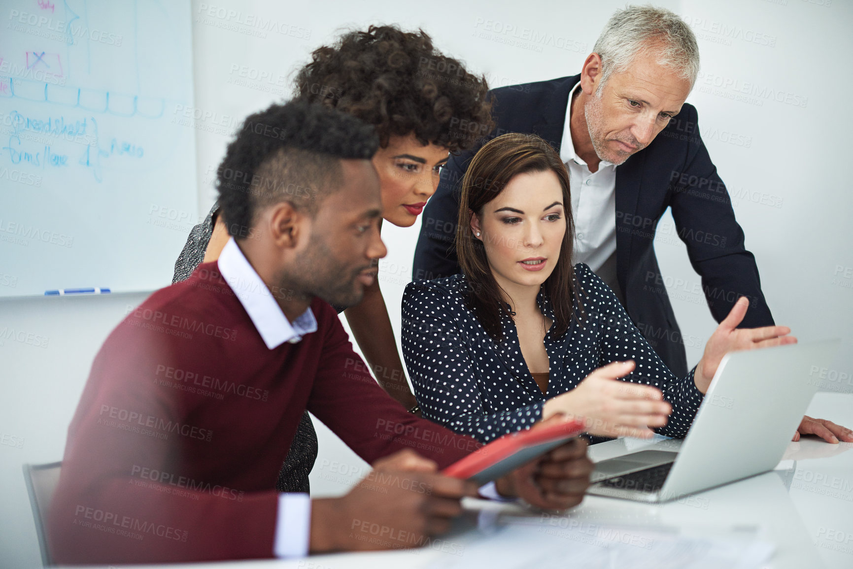 Buy stock photo Laptop, business people and brainstorming with teamwork, research and planning for project. Group, email and employees with computer, productivity and cooperation with website info, ideas and startup