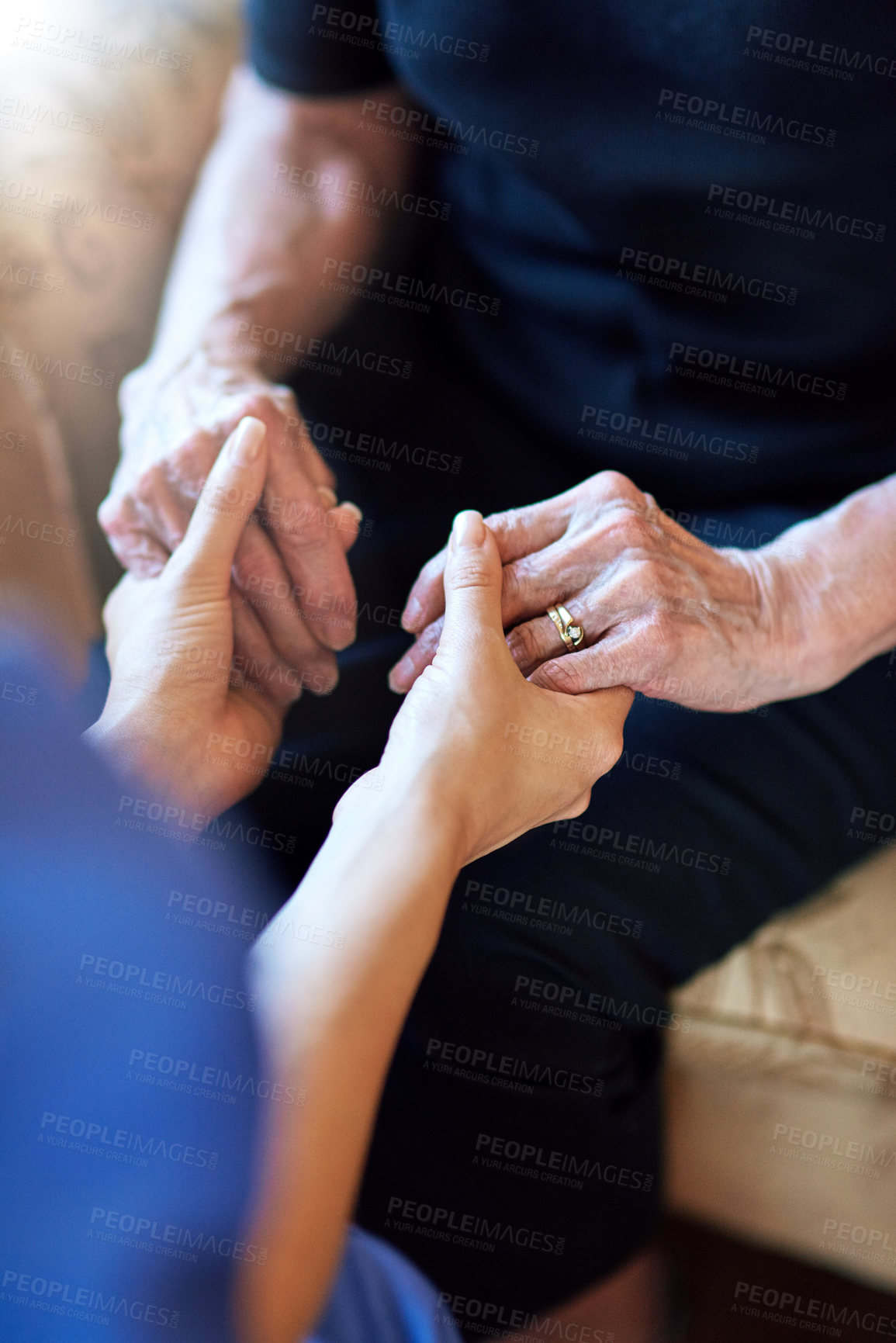 Buy stock photo Holding hands, senior person and nurse in support, healthcare service and medical hope, helping or empathy. Professional, nursing and retirement of elderly patient, people or doctor for together sign