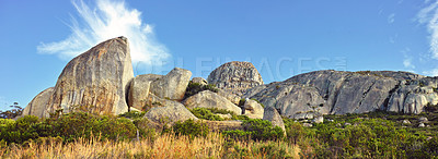 Buy stock photo Panorama and landscape view of mountains in Cape Town, South Africa during summer holiday and vacation. Scenic hills, scenery of fresh green flora growing in remote area. 