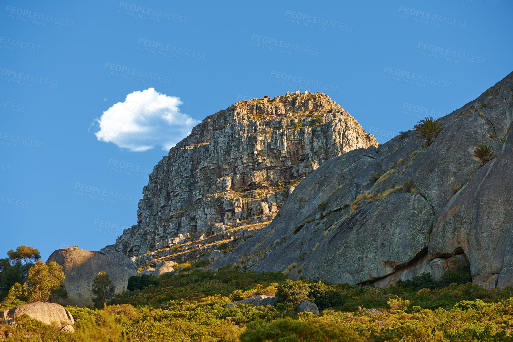 Buy stock photo Landscape of Lions Head mountain in Cape Town, South Africa in summer. Rock texture on a hill or mountain peak in a remote hiking area against blue sky. 