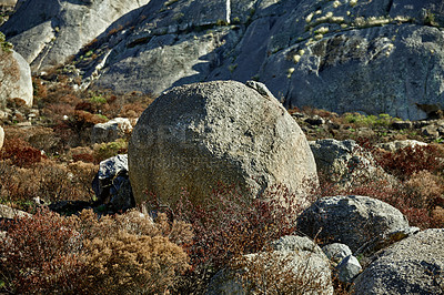 Buy stock photo Closeup of boulders and rocks on a mountain in Cape Town, South Africa. Hiking and trekking along rocky, rough path and terrain. Travel and tourism abroad, overseas for summer holiday and vacation