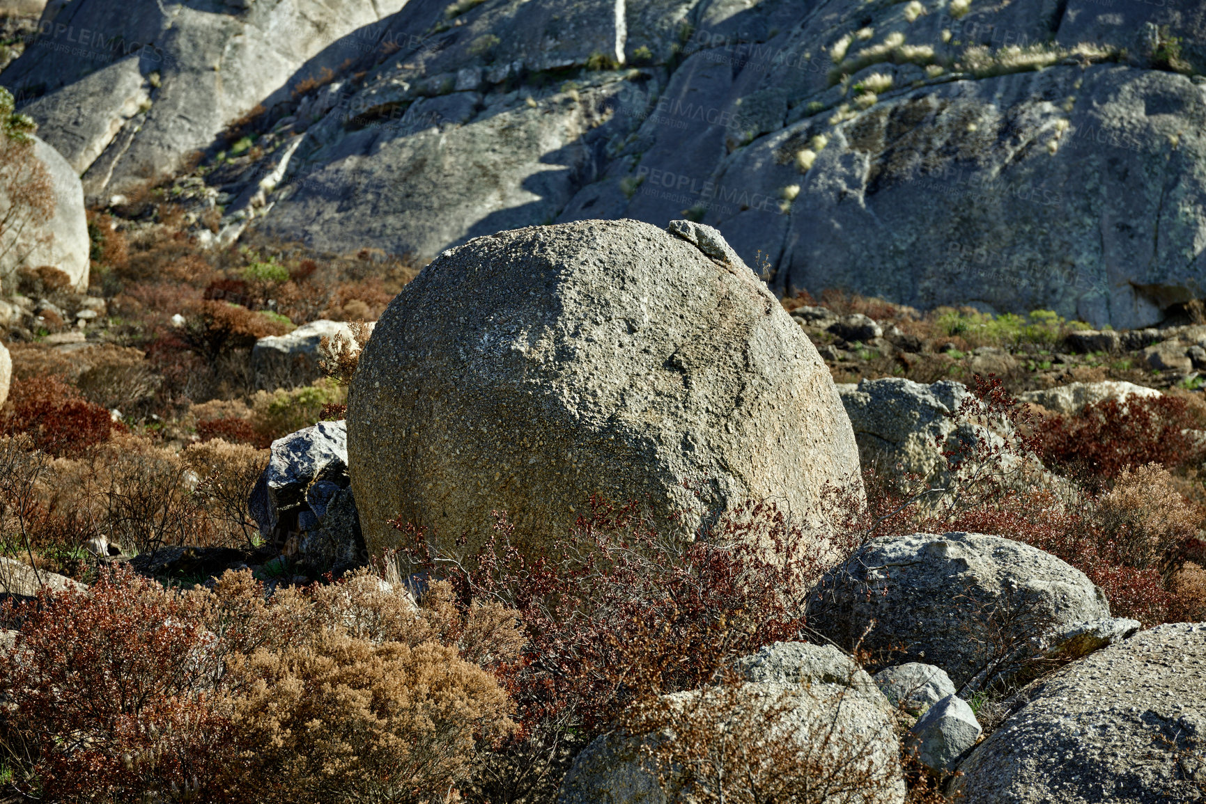 Buy stock photo Closeup of boulders and rocks on a mountain in Cape Town, South Africa. Hiking and trekking along rocky, rough path and terrain. Travel and tourism abroad, overseas for summer holiday and vacation