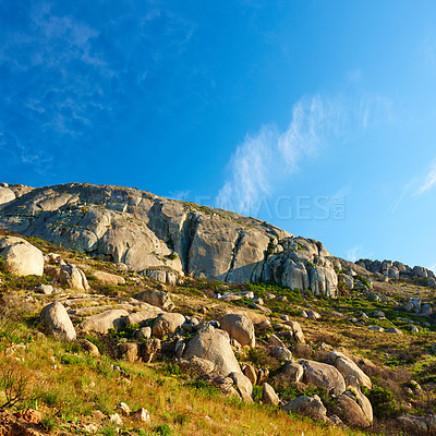 Buy stock photo Panorama and landscape view of mountains in Cape Town, South Africa during summer holiday and vacation. Scenic hills, scenery of fresh green flora growing in remote area. 