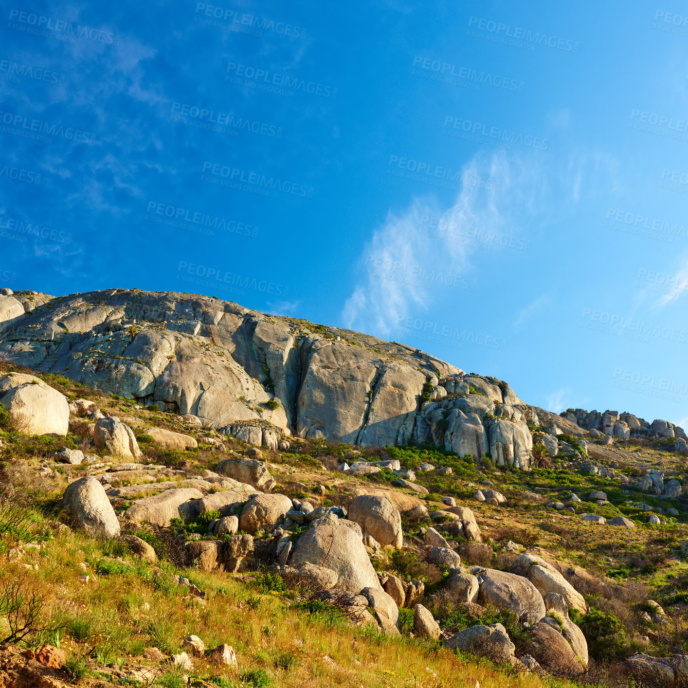 Buy stock photo Panorama and landscape view of mountains in Cape Town, South Africa during summer holiday and vacation. Scenic hills, scenery of fresh green flora growing in remote area. 