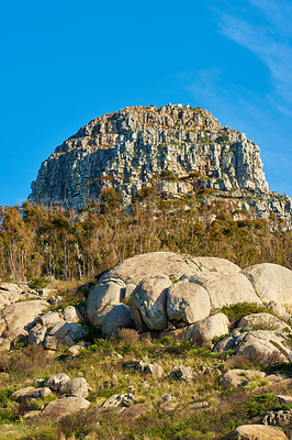 Buy stock photo Panorama of Lions Head mountain in Cape Town, South Africa during summer holiday and vacation. Scenic landscape view of boulders and the top of a hill. Exploring nature and the wild