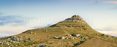 Buy stock photo Panorama and landscape view of mountain in Cape Town, South Africa during summer holiday and vacation. Travelling and exploring mother nature through hiking adventures in summer