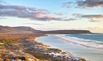 Buy stock photo Seascape, lanscape, scenic view of Hout Bay in Cape Town, South Africa at sunrise. Blue ocean and sea with mountians in the morning. Beach travel destination or vacation location for a holiday  