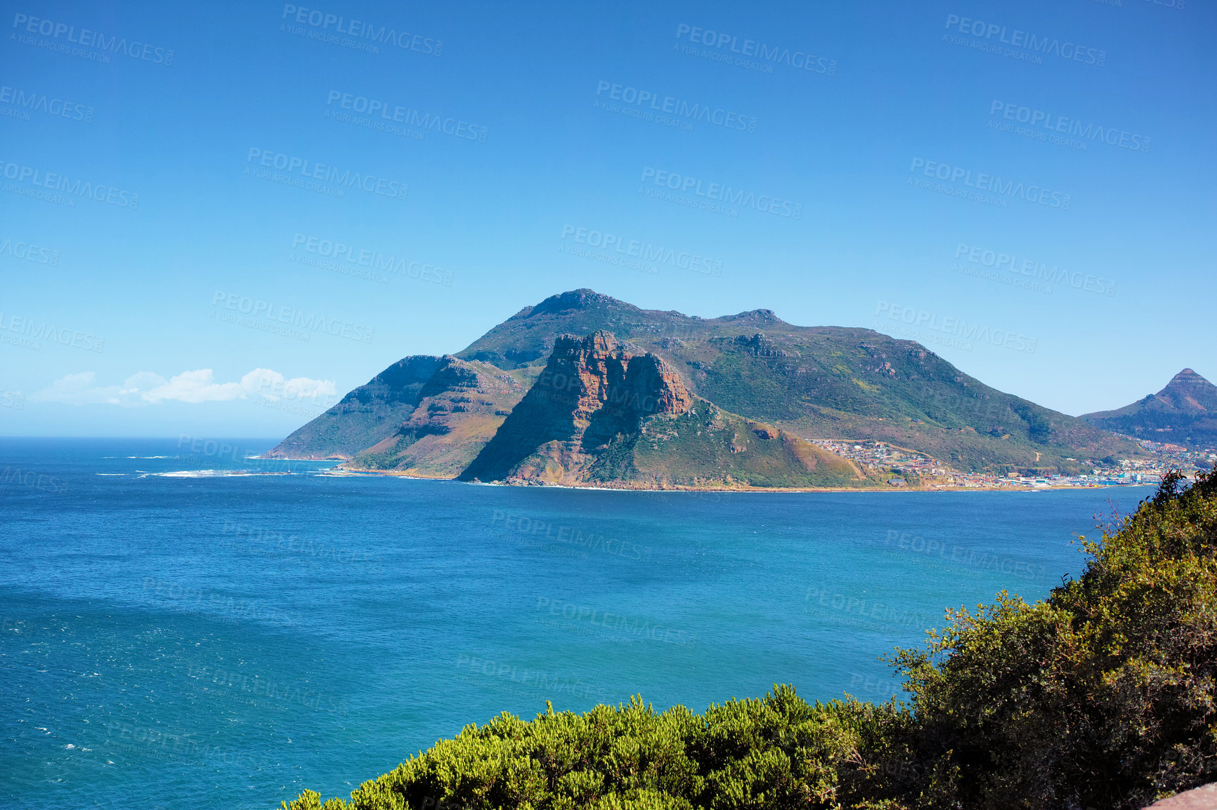 Buy stock photo A mountain in Hout Bay, South Africa on a summer day with blue sky copyspace. Panaramona view of a mountain peak, popular tourist attraction with hiking rails for travellers on  adventurous vacation 