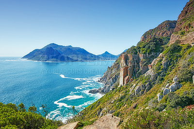 Buy stock photo Seascape, landscape and scenic view of Hout Bay in Cape Town, South Africa. Blue ocean water with mountains and copyspace. Abroad travel and tourism, perfect for summer holiday and vacation in nature