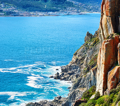 Buy stock photo Seascape, landscape and scenic view of Hout Bay in Cape Town, South Africa. Blue ocean and sea with mountains and copyspace. Travel and tourism abroad and overseas for a summer holiday and vacation