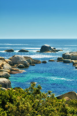 Buy stock photo Landscape of many rocks in the ocean surrounded by green bushes or shrubs. Large stones in a wide empty sea. Smooth rocks of various shapes lying in blue water near coastal area in Hout Bay