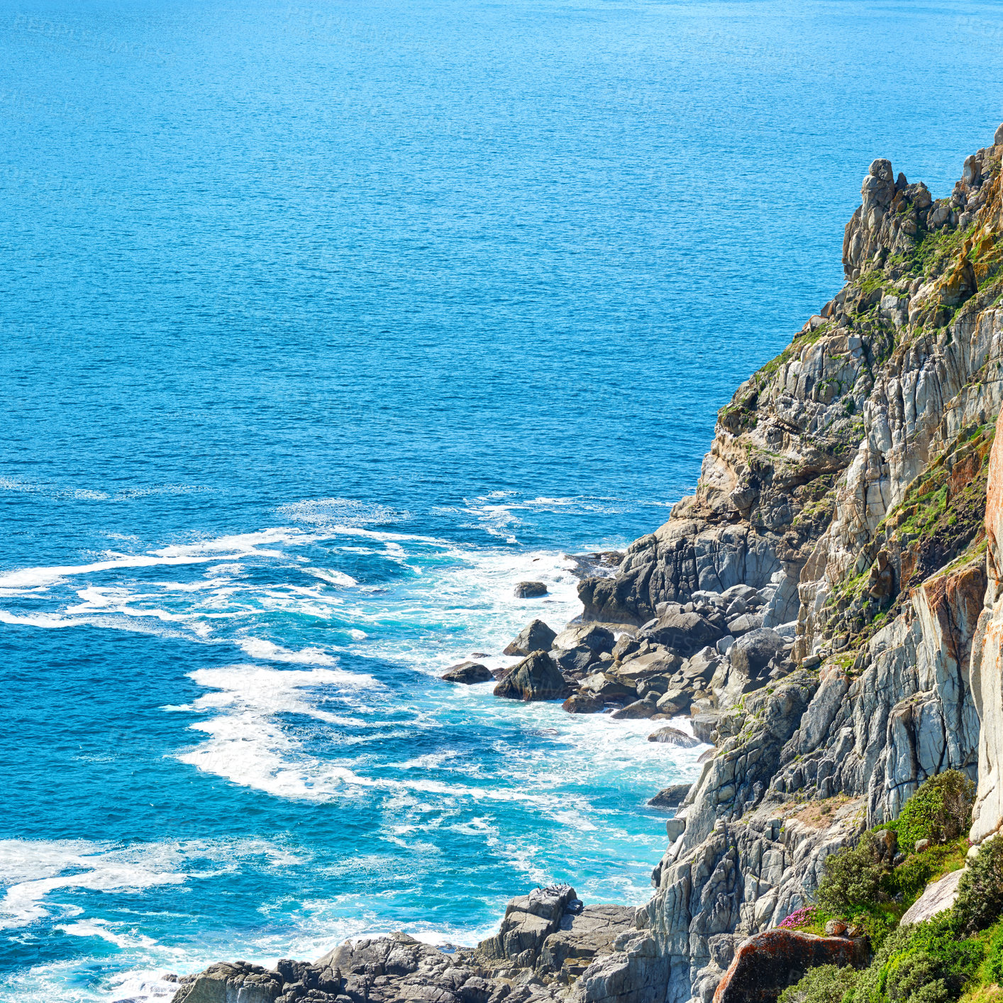 Buy stock photo Seascape, landscape and scenic view of Hout Bay in Cape Town, South Africa. Blue ocean and sea with mountains and copyspace. Travel and tourism abroad and overseas for a summer holiday and vacation