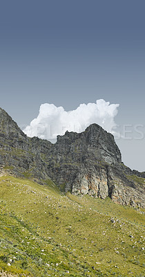 Buy stock photo Panorama of Lions Head mountain in Cape Town, South Africa during summer holiday from below. Scenic landscape view of the top of a hill on a cloudy day from a low angle. Exploring nature and the wild