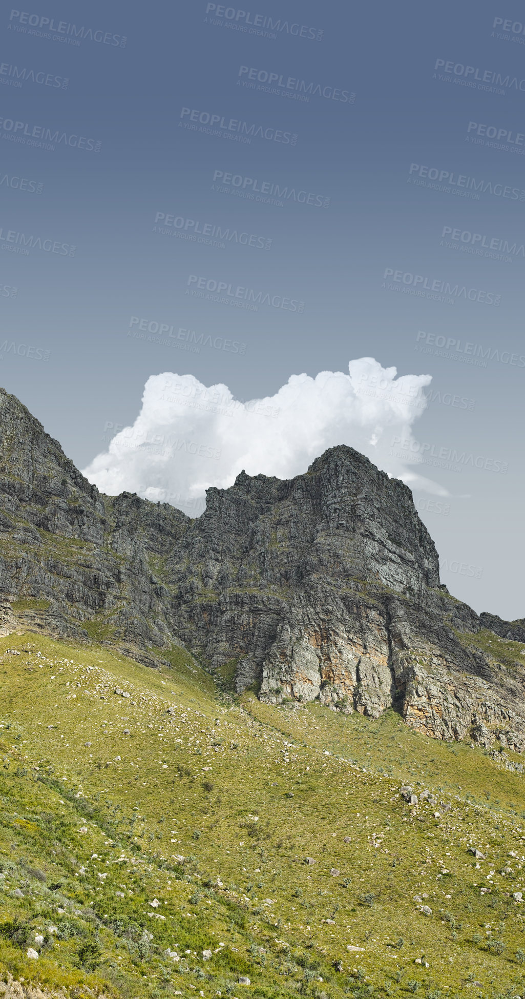 Buy stock photo Panorama of Lions Head mountain in Cape Town, South Africa during summer holiday from below. Scenic landscape view of the top of a hill on a cloudy day from a low angle. Exploring nature and the wild