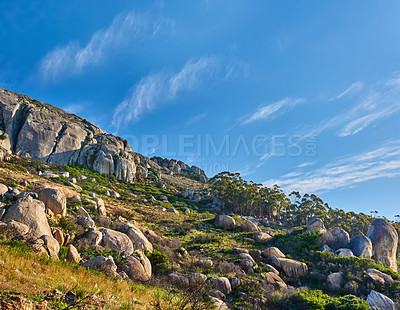 Buy stock photo Panorama and landscape view of Lions Head mountain in Cape Town, South Africa during summer holiday and vacation. Blue sky, scenic hills, nature scenery of fresh green flora growing in remote area 