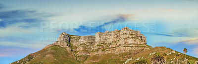 Buy stock photo Low angle view of a mountain peak against a stunning colorful sky in South Africa. Scenic panorama landscape of a  remote hiking location near Cape Town. Travel and explore nature through adventure