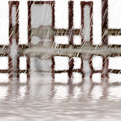 Buy stock photo Concept of water ripples with a painted metal frame background. Creative, abstract copyspace of metallic window detail and rain fall on a lake. Tranquil brown and grey reflections on a peaceful pond