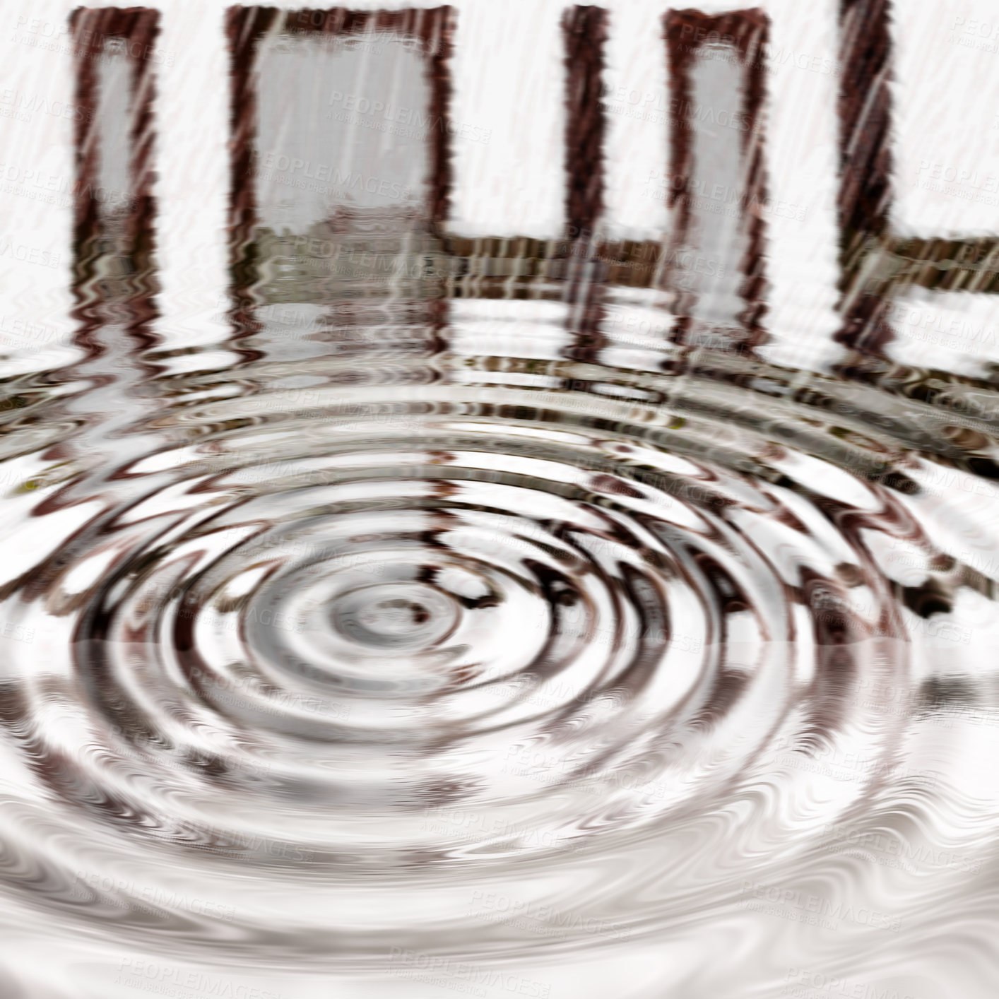 Buy stock photo Liquid silver ripple and vibration pattern after rain or a drop splashed in a puddle. Creative copyspace and abstract background of metallic rippled effect and waves. Closeup concentric water surface