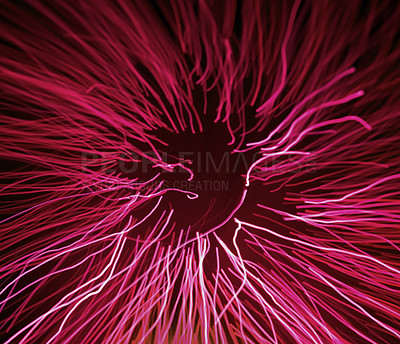 Buy stock photo Concept of pink fiber optic light effect. Luminescent magenta sea anemone pattern. Closeup of bright neon electric plasma globe. Futuristic digital illustration of data transfer using fluorescence