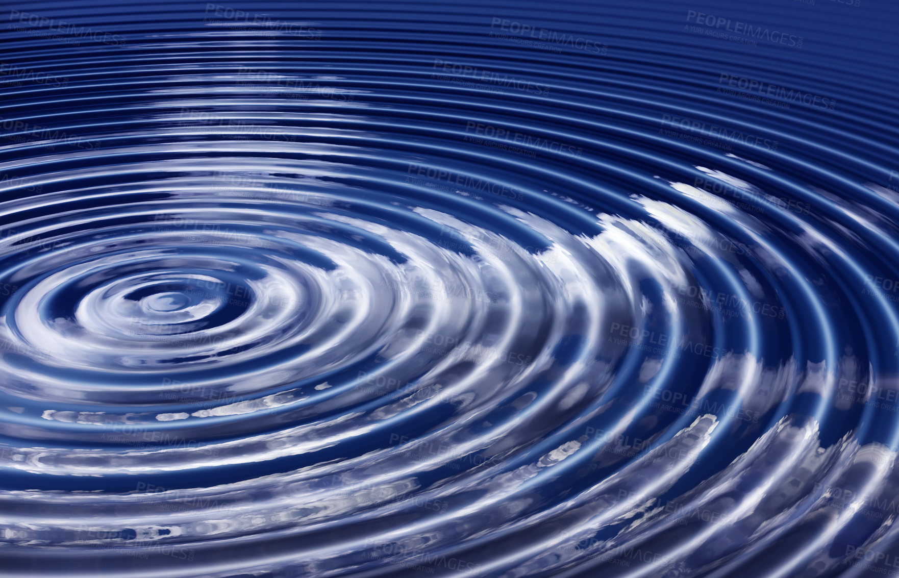 Buy stock photo Closeup of a ripple and pattern after a water drop splashed into a puddle with the reflection of a cloudy blue sky. Detail of rippled effect and vibration wave. Body of water or blue metallic liquid