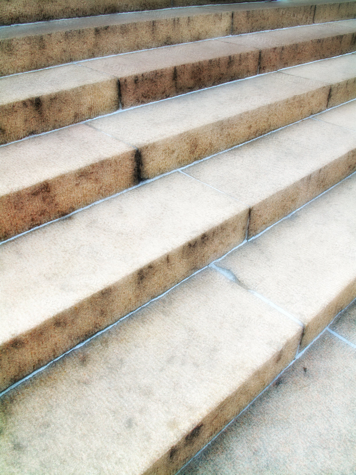 Buy stock photo A closeup of a staircase. Details of an empty stairway outside in an urban city or town. Wide solid stairs found in commercial or big residential buildings. Light textures on stony or concrete steps