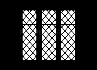 Buy stock photo Bright light shining through a window in a dark silhouetted room. Chrome steel grating on basement or prisoner cell. Inside of dark room with bars for safety. View from lonely jail closed with iron