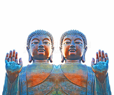 Buy stock photo Buddhist god in an Abhaya mudra. An oxidized ancient statue of Lord Buddha with effect. Buddha figure holding up a right hand, a symbol of fearlessness and reassurance in a mirror effect.