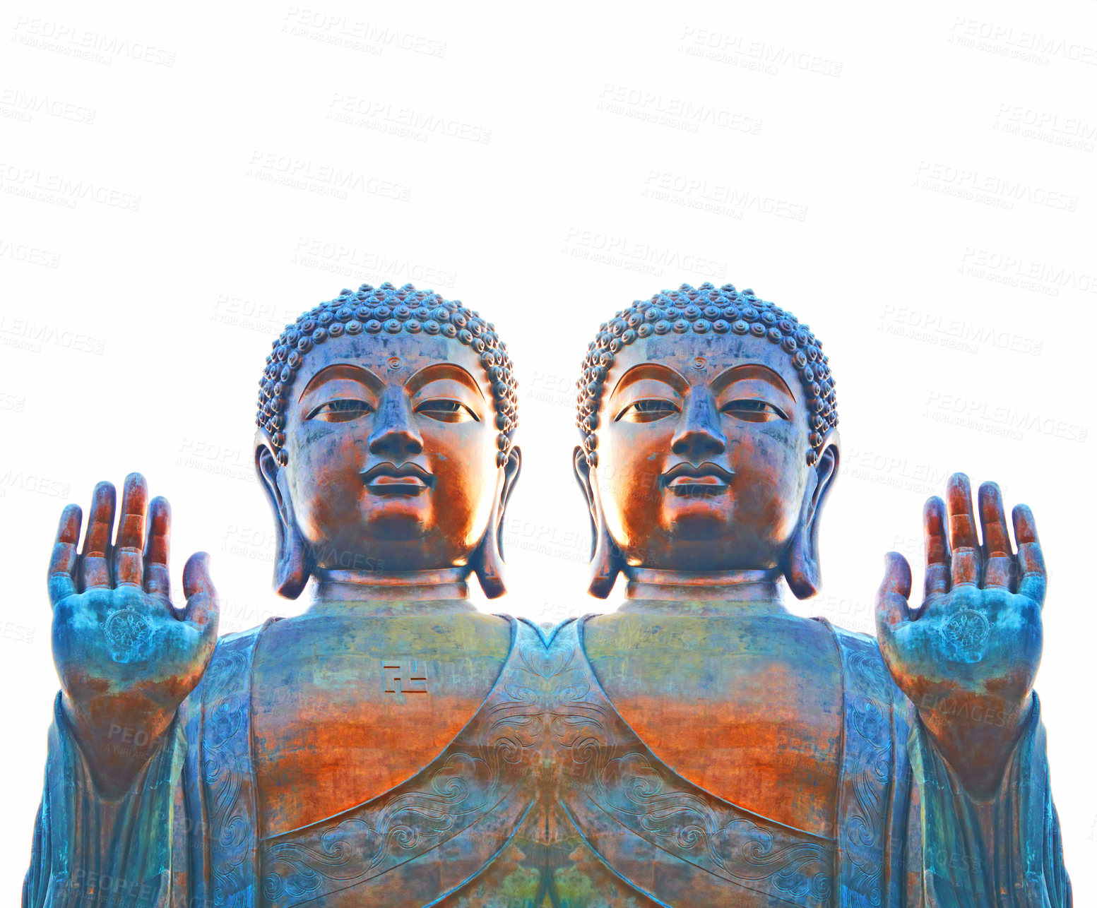 Buy stock photo Buddhist god in an Abhaya mudra. An oxidized ancient statue of Lord Buddha with effect. Buddha figure holding up a right hand, a symbol of fearlessness and reassurance in a mirror effect.