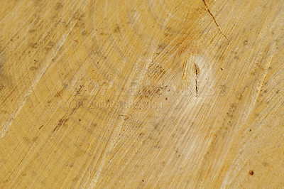 Buy stock photo Closeup of scratches on old wood. Detail of rough textures on a used chopping board. Wooden material with carving marks. Grunge patterns on an antique desk or cooking table.