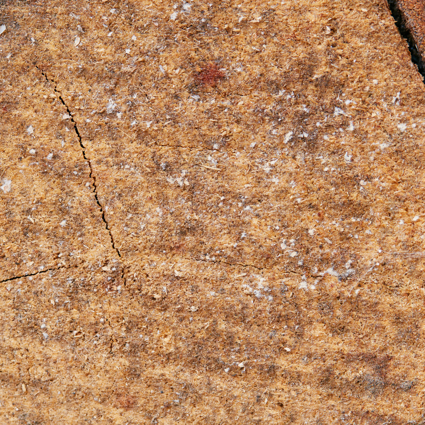 Buy stock photo Closeup of a cracked stone and red brick. A textured background of chipwood, cracking earth, sedimentary mineral or tile with copyspace. Underground geological strata rock or sand for geology studies