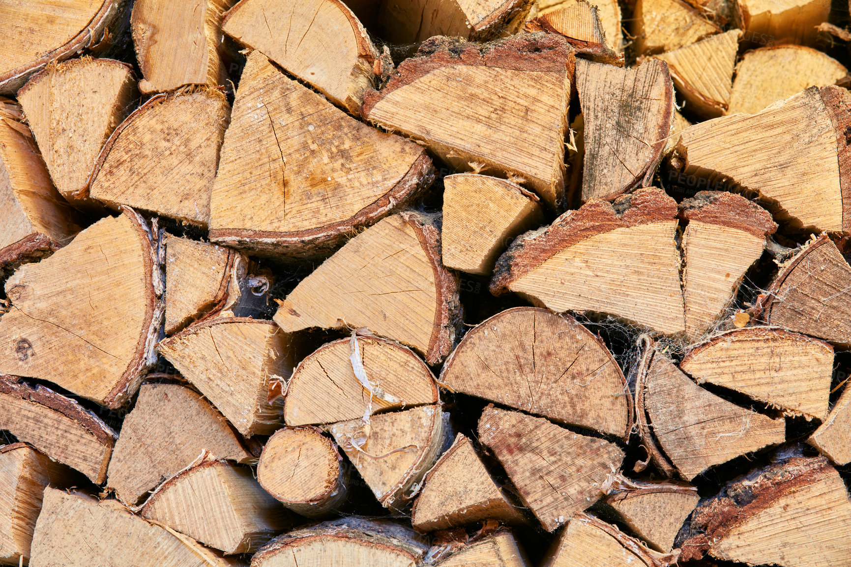 Buy stock photo Wood chopped up and stacked into a storage pile. Collecting firewood as a source of energy. Different sizes and shapes of logs after felling, materials for tools and shelter from above