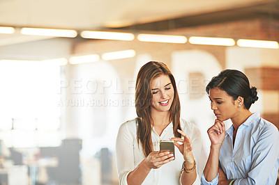 Buy stock photo Office, phone or women on social media to relax online on a break at workplace desk of business. Mobile app, break or girl journalist texting, typing or searching for blogs, news or internet articles
