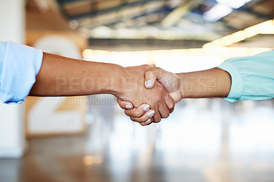 Buy stock photo Meeting, trust and handshake of business people for deal with corporate b2b and collaboration. Partnership, merger and agreement with professional workers shaking hands for company growth together.
