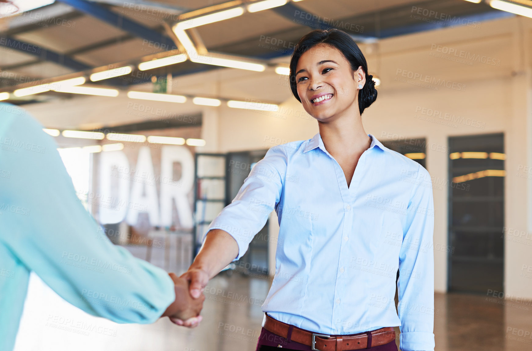 Buy stock photo Success, happy and handshake of business people for deal, collaboration and b2b at corporate business. Partnership, merger and agreement of professional workers shaking hands for company growth.