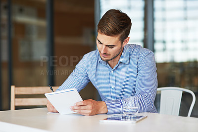 Buy stock photo Notebook, planning and business man writing schedule, brainstorming ideas and strategy in corporate office. Vision, thinking and male entrepreneur write on paperwork, notes and documents at desk
