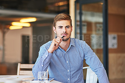 Buy stock photo Corporate, thinking and businessman with an idea, planning and working at a desk at a company. Think, strategy and thoughtful employee at an office for professional entrepreneurship in the workplace
