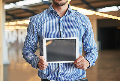 Buy stock photo Mockup, business and man with tablet, screen and data analysis in office, planning and digital marketing. Male employee, device or website search for advertising, technology or connection for company